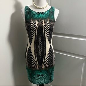 BEBE | Green Brown Tan Cream Graphics Slim Bodycon Dress | size S/P